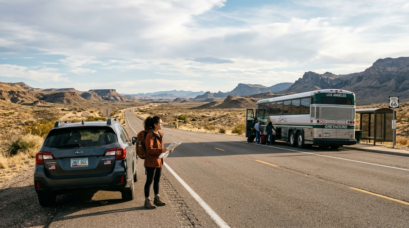 Amerika’da road trip yapan gezginlerin otoyolda kiralık araç ve otobüs seçeneklerini değerlendirmesi