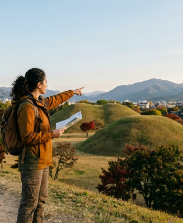 Güney Kore gezi planı için Seul, Gyeongju ve Busan şehirlerini temsil eden Kore seyahat manzarası