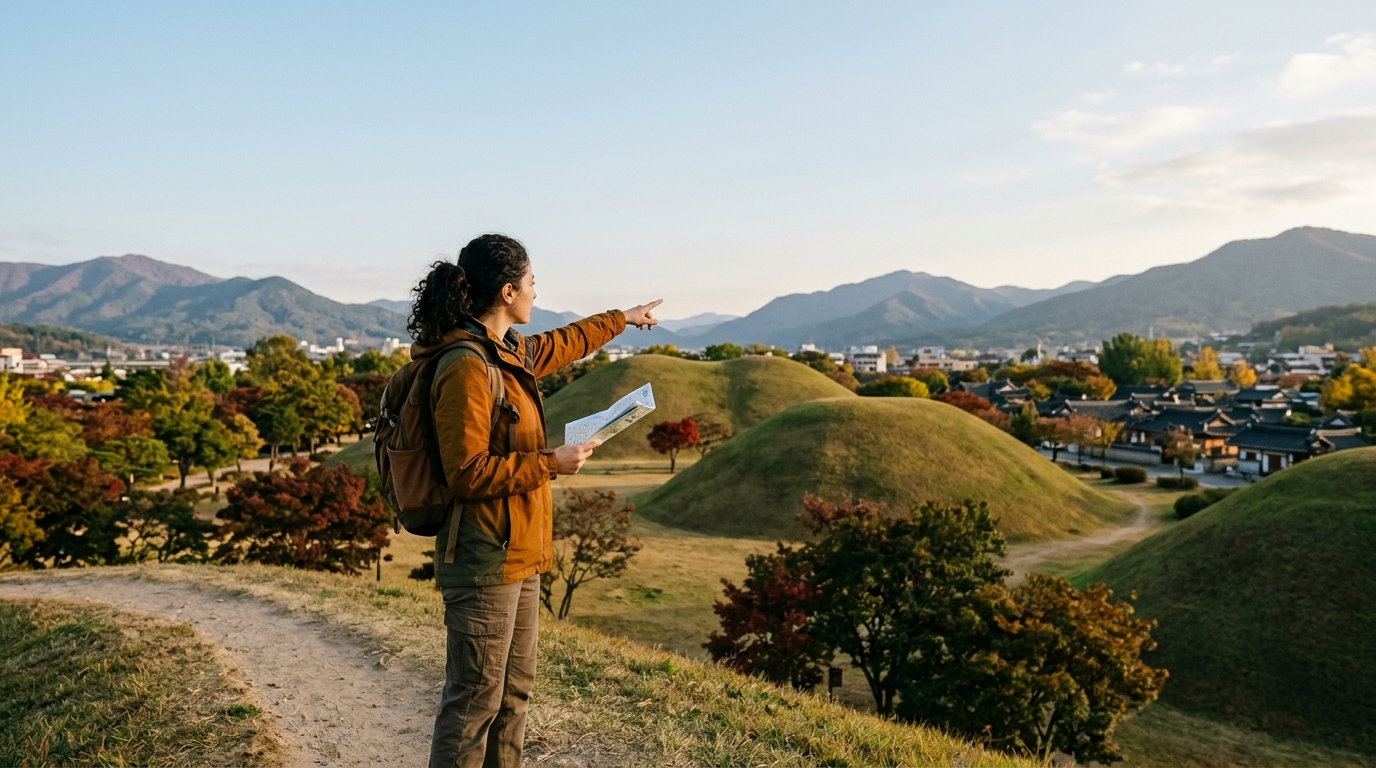 Güney Kore gezi planı için Seul, Gyeongju ve Busan şehirlerini temsil eden Kore seyahat manzarası
