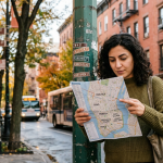 New York konaklama seçeneklerini değerlendiren gezgin için şehir mahallesi ve otel çevresi