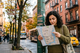 New York konaklama seçeneklerini değerlendiren gezgin için şehir mahallesi ve otel çevresi