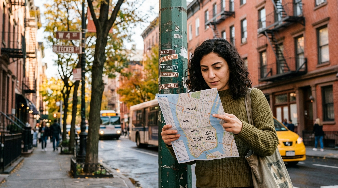 New York konaklama seçeneklerini değerlendiren gezgin için şehir mahallesi ve otel çevresi