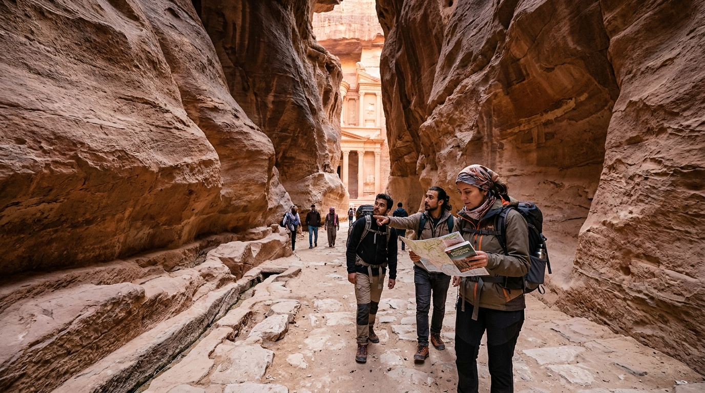 Petra gezisi sırasında Siq geçidinden Hazine yapısına uzanan kaya manzarası