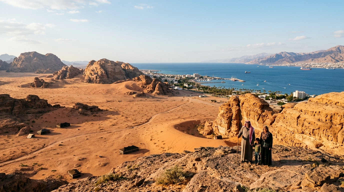 Wadi Rum Akabe rotasında kızıl çöl vadileri ve Kızıldeniz kıyısı